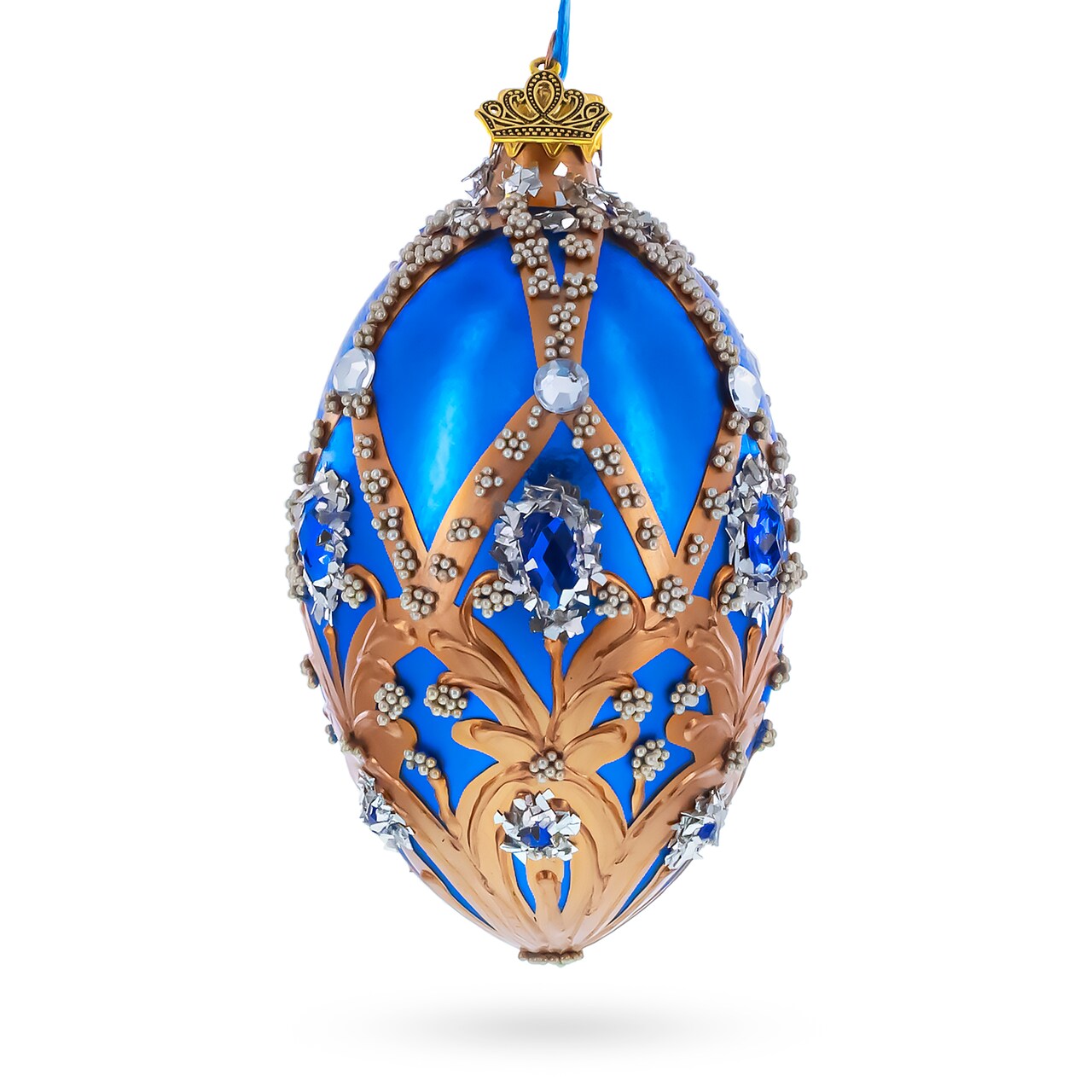 Royal Blue Jeweled Egg with Gold Filigree and Crystal Accents Glass Egg Ornament 4 Inches